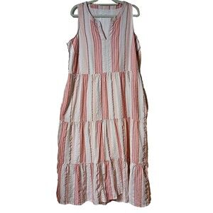 J. Jill Pink White Striped Sleeveless Boho Peasant Hippy Dress w/Pockets Large